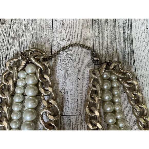 Chunky Chain Faux Pearl Necklace Fashion Jewelry Multi Layered Gold Tone - Picture 6 of 6